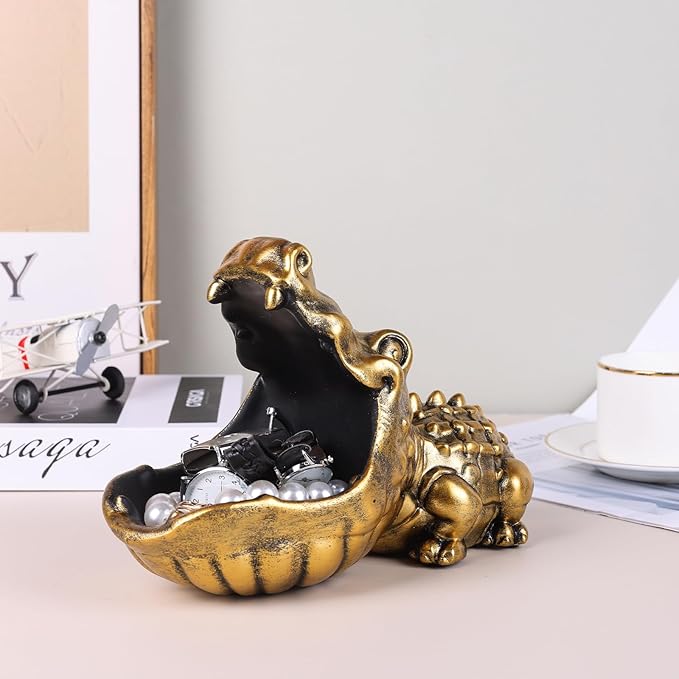 Alligator Statue Key Bowl, Fun Animal Statue Candy Dish for Entryway Decorative Bowl, Office Candy Dish, Big Mouth Sculpture Home Living Room Trinket Container Storage Box (Gold)