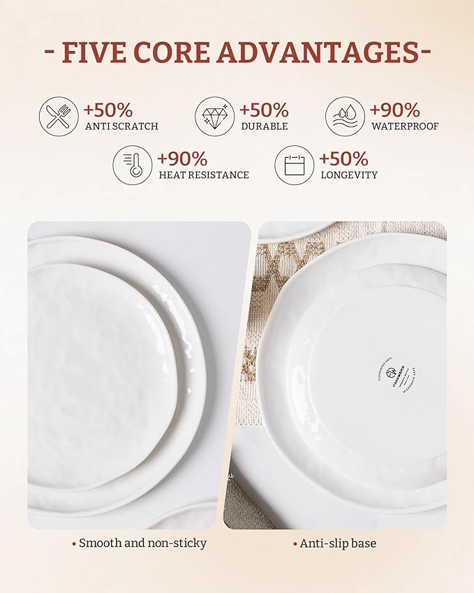 Famiware Porcelain kitchen plates and bowls set, Modern dishes set for 4, Handmade Wave Edge Dinnerware Sets, Microwave and Dishwasher Safe Tableware, Polar White (16pc)