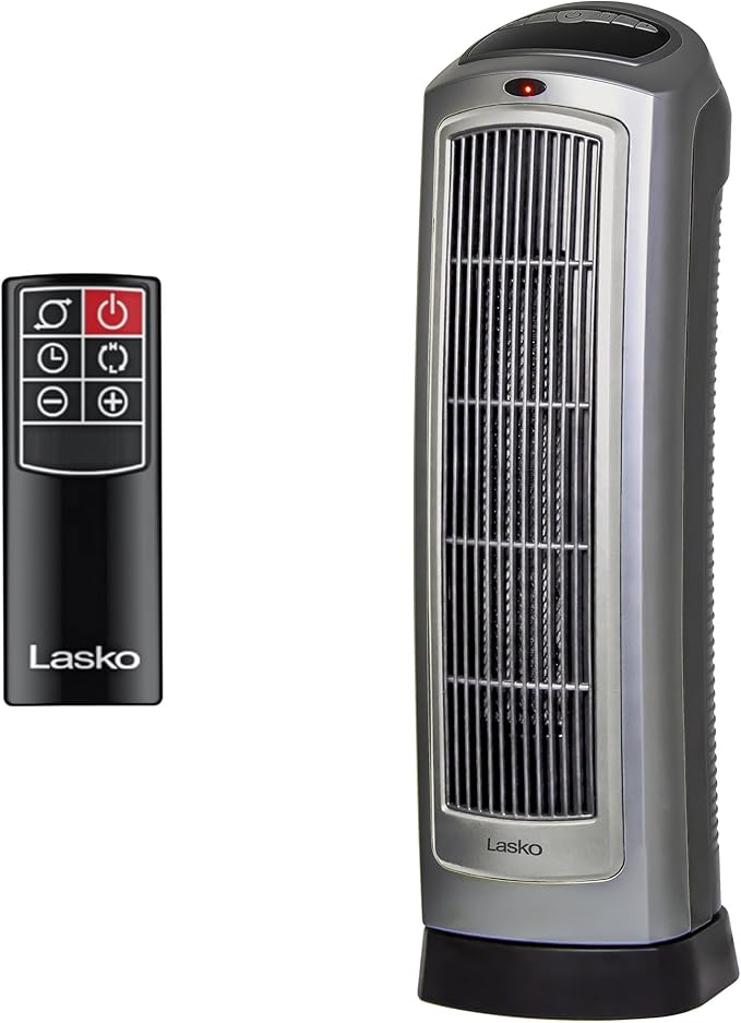 Lasko Oscillating Digital Ceramic Tower Heater for Home with Adjustable Thermostat, Timer and Remote Control, 23 Inches, 1500W, Silver, 755320