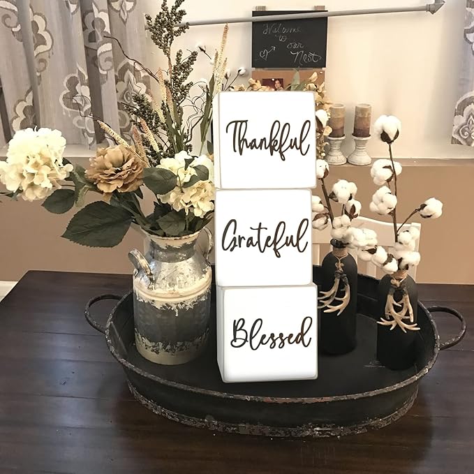 Rustic Home Decor - 4-Sided Wooden Blocks, Home Sweet Home&Thankful Grateful Blessed&Family Believe Faith&Love Live Laugh Sign, Modern Farmhouse Decorations for Shelf Tiered Tray Entryway Coffee Table