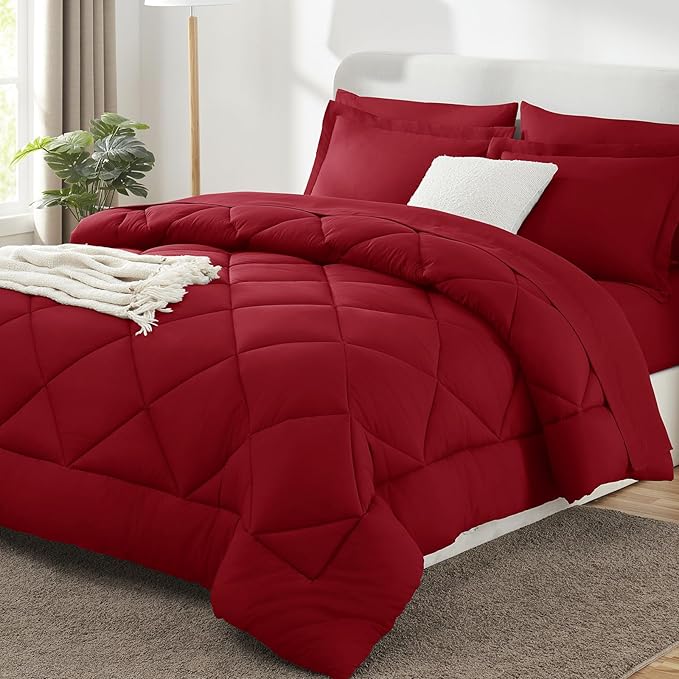 CozyLux King Size Comforter Set Dark Red - 7 Pieces Bed in a Bag King, Luxury Soft Bed Set for All Seasons, Bedding Set with Down Alternative Comforter, Sheets, Pillowcases & Shams