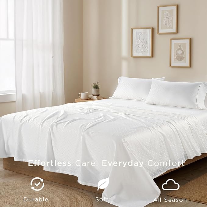 Threadmill Cotton Full Size Sheet Set | 100% Cotton Sheets for Full Size Bed | Damask Jacquard Full Bed Sheets Set with 16” Deep Pocket | Soft Sateen Weave 4-Piece Cooling Bedding Set | White