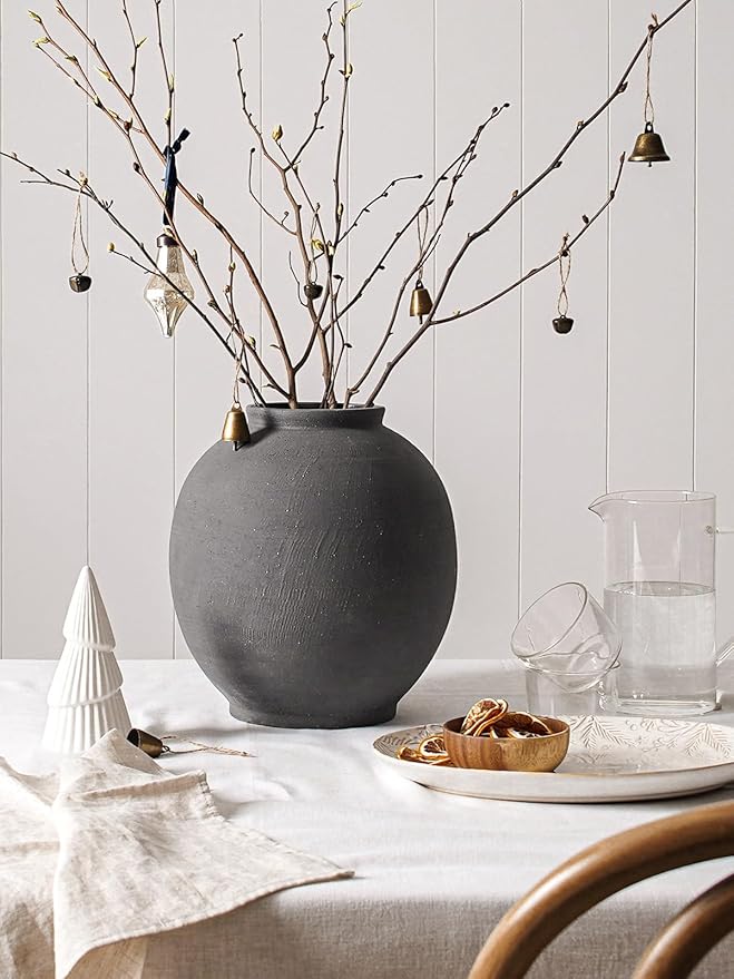 Ceramic Rustic Vase, 10.8 Inch Farmhouse Minimalist Tall Flower Vase for Table, Living Room, Home Decor, Bathroom, Holiday, Wedding, Set of 1, Sandstone Black
