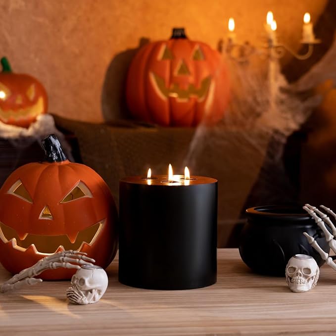 MOZEAL Extra Large 3 Wick Black Pillar Candle, 6" x 6", Unscented, Dripless, Smokeless, and Clean-Burning. Approx. 120 Hours of Burn Time. Perfect for Weddings, Dinners, Halloween and Fall Decor