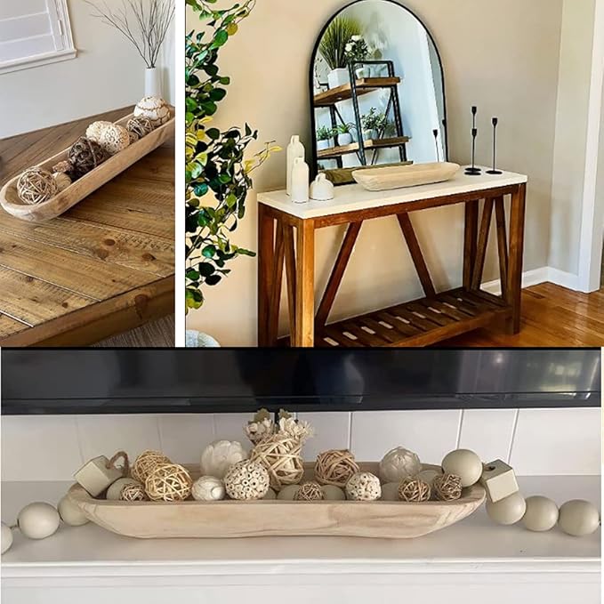 Wooden Dough Bowls Decorative，Rustic Bread Long Bowls Decor Wood Tray, Hand Carved For Table Centerpiece Decor, Home Decor (20 * 6 * 2 inch Brown)