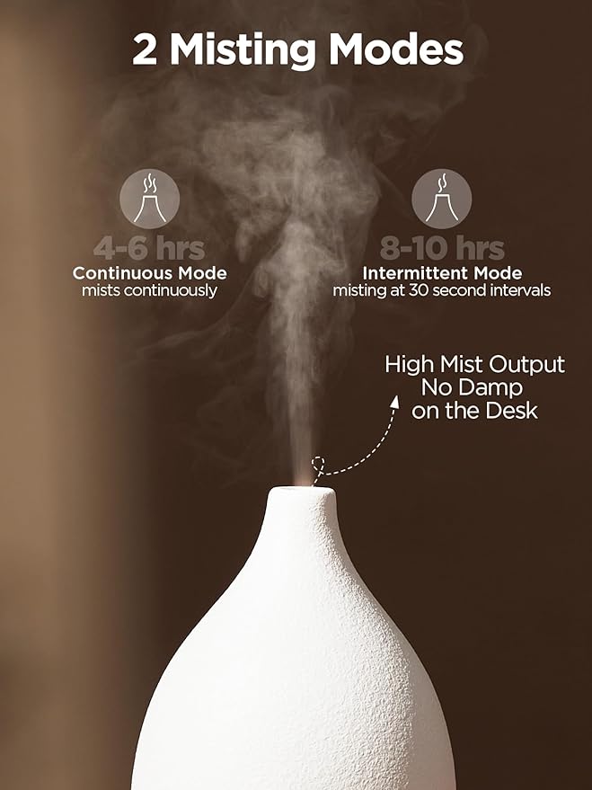 InnoGear Oil Diffuser, 150ML Ceramic Diffuser for Essential Oils Handcrafted Aromatherapy Diffuser Ultrasonic Cool Mist Humidifier with 2 Mist Modes Waterless Auto Off for Room Office, White Base