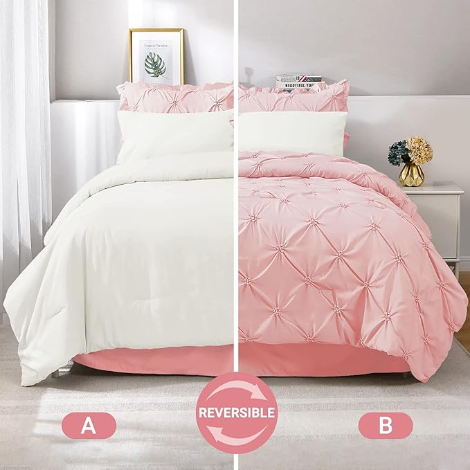 JOLLYVOGUE Pink/Ivory Cal King Size Comforter Sets 7 Pieces, Pintuck Bed in a Bag Comforter Set for Bedroom, Bedding Comforter Sets with Comforter, Sheets,Ruffled Shams & Pillowcases