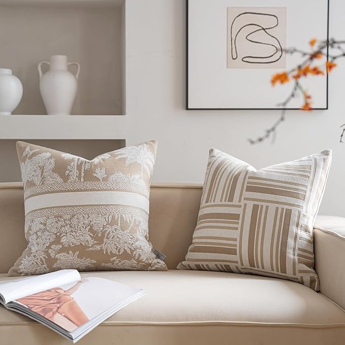 Premium Throw Pillow Covers 22x22 Inches - Oatmeal Jungle with White Palm Tree Chenille Jacquard Embroidery Decorative Couch Pillow Covers for Living Room Bedroom Sofa