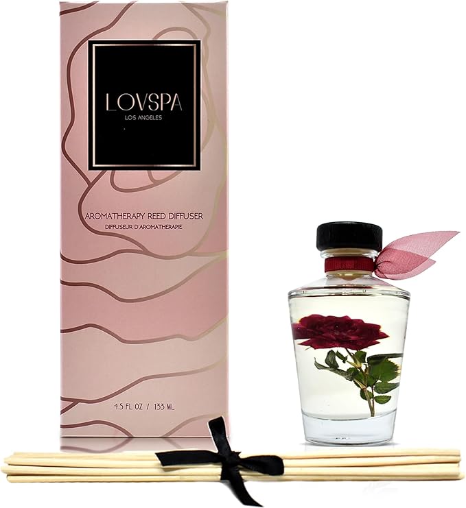 LOVSPA Reed Diffuser Set, PURIFY Rosewater Scented Oil Diffuser with Sticks, Home Fragrance Accessories for Bathroom Shelf Decor, Aroma Diffusers for Home or Office Desk, USA Made