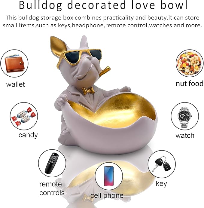 Bulldog Candy Bowl Decor, Heart-shaped Key Holder Bowl Candy Dish, Bulldog Accessories, Resin Bulldog Statue for Office Desk Home Decor Figurines Entryway Table Decor (Purple Grey)