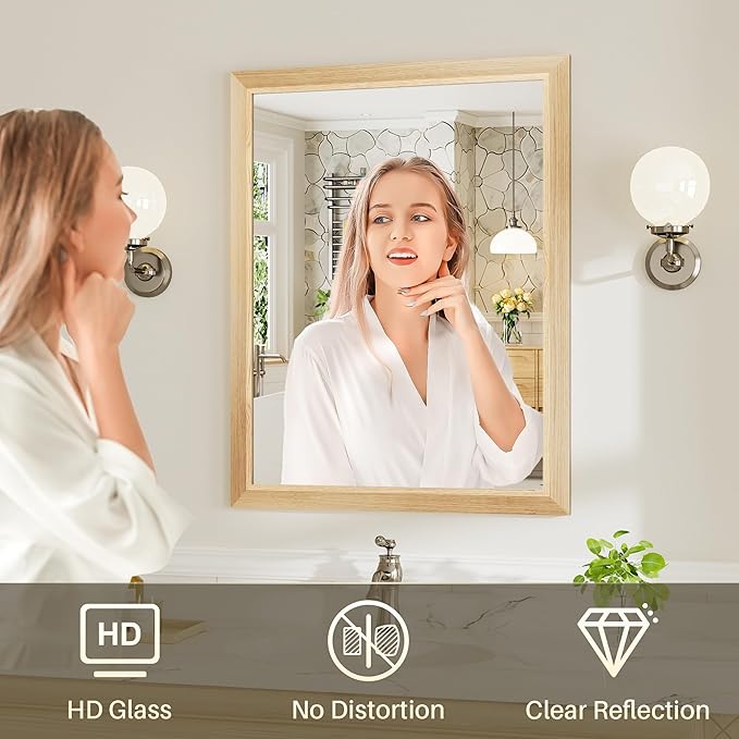 28x36 Inch Bathroom Mirror for Wall, Anti-Rust Oak Wood Grain Metal Framed Bathroom Mirrors for Over Sink,Rectangler Mirrors for Bathroom Vanity, Farmhouse, Bedroom, Living Room, Entryway Decor