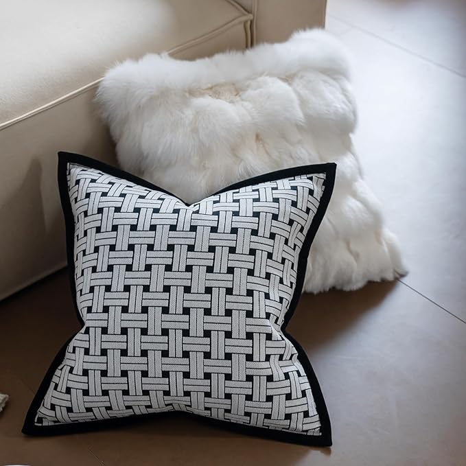 Premium Throw Pillow Covers 22x22 Inches - Black Interlaced Weave Grid Framed Chenille Jacquard Embroidery Decorative Couch Pillow Covers for Living Room Bedroom Sofa