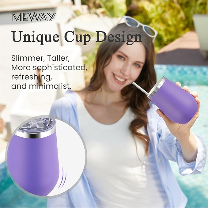 MEWAY 12oz Stainless Steel Wine Tumbler with Lid and Straw - Double Wall Stainless Steel Coffee Mug, Gift for Woman Under 10 dollars， 12 Pack Bulk tumblers(Purple,Set of 12)