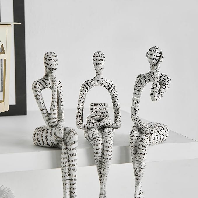FJS Thinker Sculpture Statue White Home Decor, Modern Abstract Art Figurines for Bookshelf Desk Office, Decorations for Living Room Accent, Gift for Book Lovers