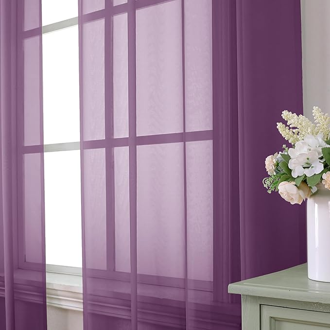 Aiyufeng Plum Purple Sheer Curtains 90 Inches Long 2 Panels, Solid Voile Top Dual Rod Pockets Stylish Breathable Drapes Window Treatment for Kid's Room/Bedroom/Living Room, 42W x 90L inches