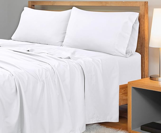 Royale Linens 300 Thread Count 100% Long Staple Combed Cotton Flat Sheet - Super Soft - Top Sheets - Queen Flat Sheet Sold Separately - Breathable, Cool & Crisp Percale Sheets Only (Queen, White)
