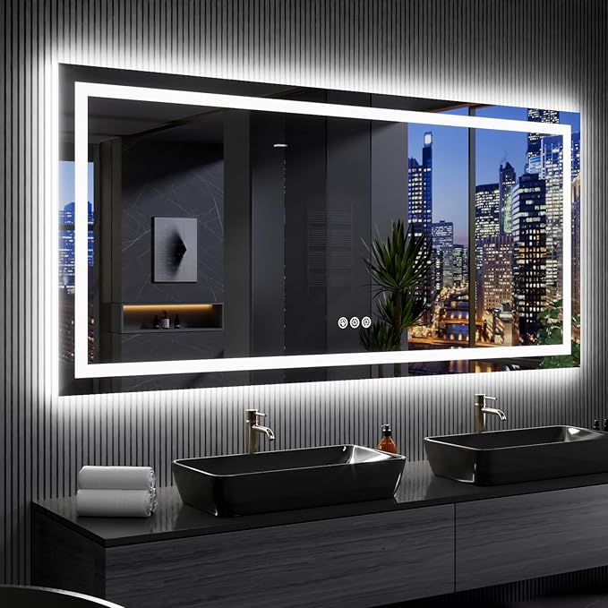 LOAAO 84X32 Inch RGB LED Bathroom Mirror with Lights, Anti-Fog, Dimmable Lighted Bathroom Vanity Mirror, Colorful Multiple Light Modes, RGB Backlit + Front Light, Memory Function, Tempered Glass