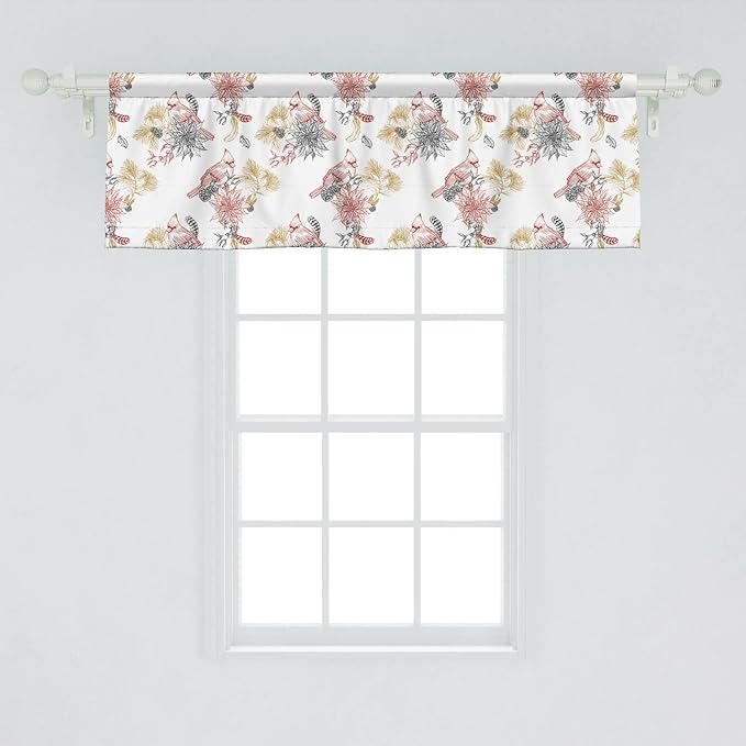 Lunarable Cardinal Bird Window Valance Pack of 2, Creative Vintage Pattern with Leaves Plants Pine Cones, Rod Pocket Curtain Valances for Kitchen Bedroom, 54" X 18", Vermilion Black
