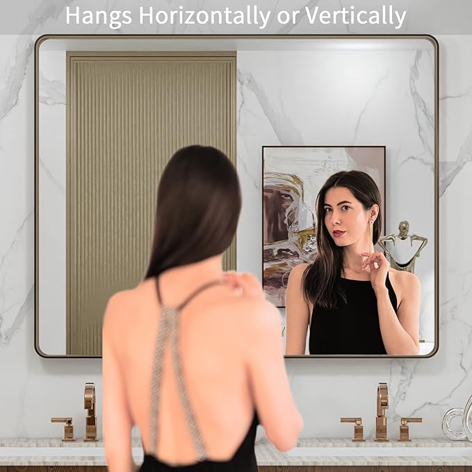 LOAAO 40”X36” Bronze Bathroom Mirrors for Vanity, Rounded Rectangle Brushed Bronze Metal Frame Mirror, Anti-Rust, Tempered Glass, Hangs Horizontally or Vertically