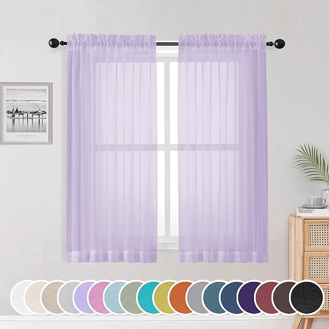 OWENIE Light Purple Sheer Curtains 54 Inch Length 2 Panels Set, Rod Pocket Voile Sheer Curtains & Drapes for Bedroom/Living Room, Soft Sheer Short Curtains for Windows, Total 84Wx54L inch, Lavender
