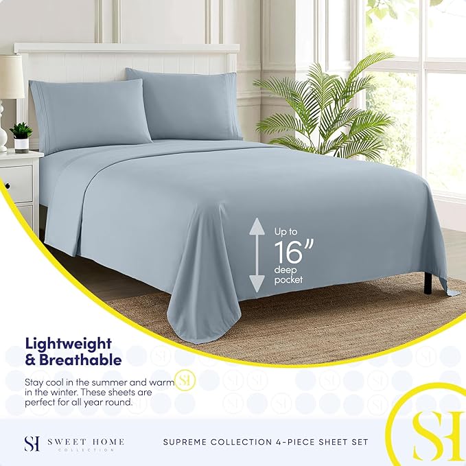 Queen Size Bed Sheets - Breathable Luxury Sheets with Full Elastic & Secure Corner Straps Built In - 1800 Supreme Collection Extra Soft Deep Pocket Bedding Set, Sheet Set, Queen, Misty Blue