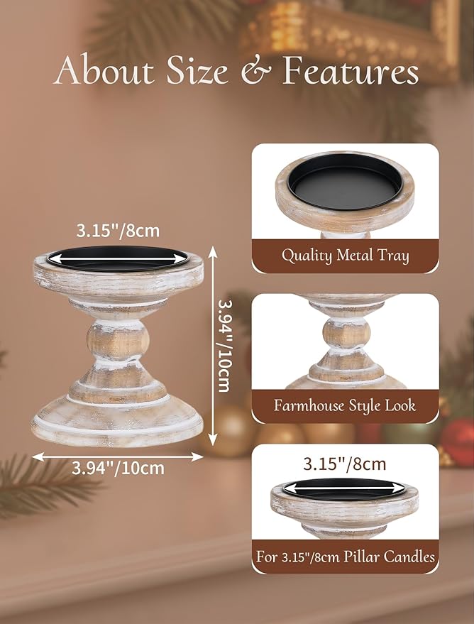 Wood Pillar Candle Holder: 2Pcs Rustic White Candle Holders for Pillar Candles Wood Candle Holders Distressed Wooden Farmhouse Candle Holder Large Rustic Candle Holder for Fireplace Table