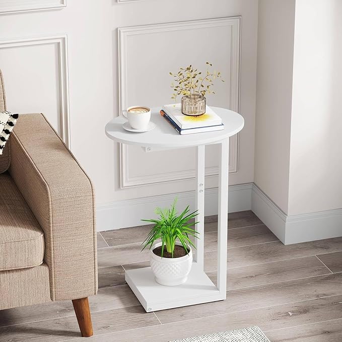 Hosfais Small Side Table End Table, C Shaped Oval Coffee Table, Wooden TV Tray for Living Room, Bedroom, Couch, Small Spaces (White)