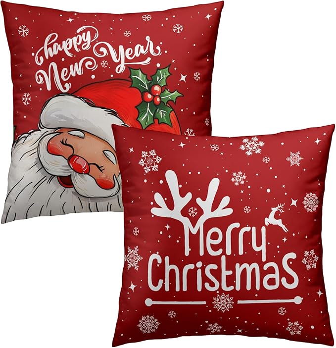 Red Christmas Santa Pillow Covers - Happy New Year Throw Pillow Covers 20x20 Set of 2 Xmas Pillow Cases Winter Snowflake Cushion Cases for Sofa Couch Home