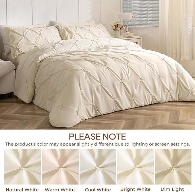 Sasttie Twin Comforter Set, 5-Piece Bed in a Bag, Pintuck Bedding Sets for All Season, Includes Comforter, Flat Sheet, Fitted Sheet, Pillowcase and Pillowsham, Beige