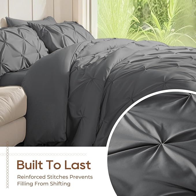 Sasttie California King Comforter Set, 7-Piece Bed in a Bag, Pintuck Bedding Sets for All Season, Includes Comforter, Flat Sheet, Fitted Sheet,Pillowcases and Pillowshams, Dark Grey