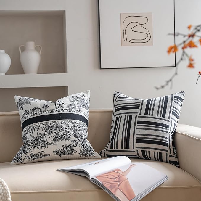 Premium Throw Pillow Covers 22x22 Inches - Black White Geometric Patchwork Chenille Jacquard Embroidery Decorative Couch Pillow Covers for Living Room Bedroom Sofa