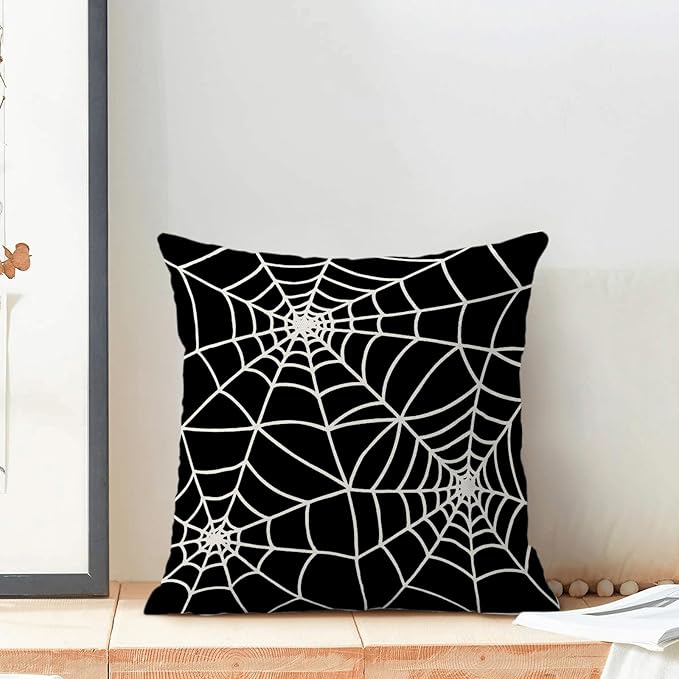 Halloween Pillow Covers 18 x 18 Inch, Black Cream Spider Webs Decor Throw Pillows for Home Couch Bed, Fall Autumn Outdoor Holiday Decorative Pillowcase Linen Cushion Cover Set of 2