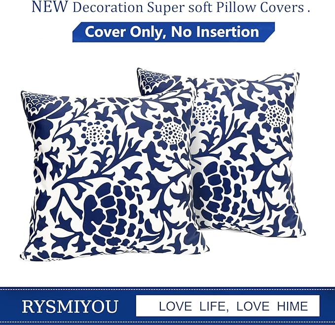 Decorative Throw Pillow Covers Set of 2 Blue Pillow Covers 20x20 inch Soft Short Plush Couch Pillow Case Floral Throw Pillows,Farmhouse Outdoor Pillow Covers for Sofa Bed Living Room Car