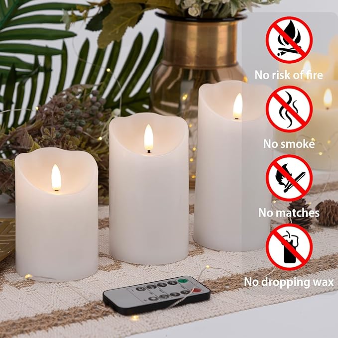 Flameless Candles with Remote, Battery Operated Wax LED Flickering Candles - Set of 3 (White) with Timer for Home Decor, Perfect for Christmas Party White