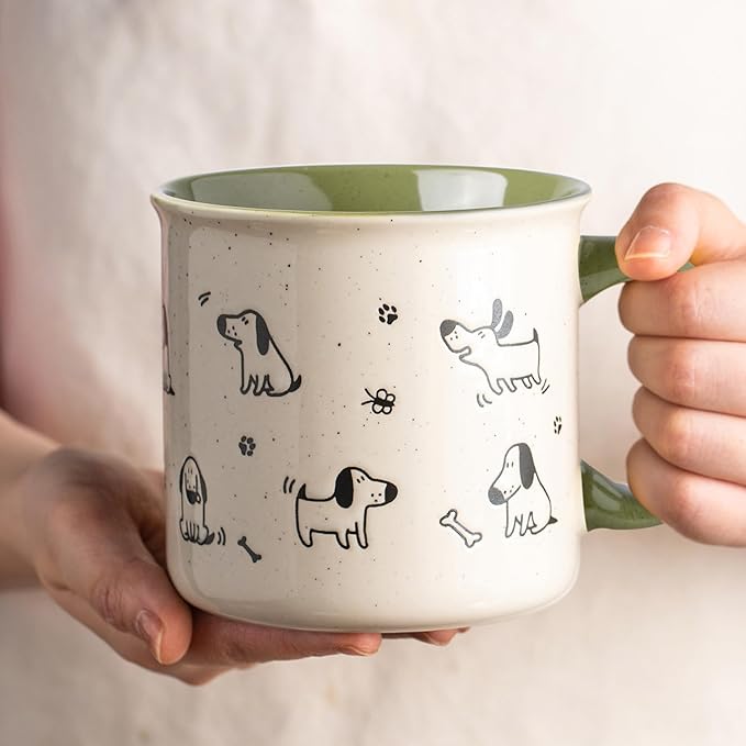 AmorArc 22 OZ Large Ceramic Coffee Mugs Set of 2, Oversized Mugs With Big Handle for Men Women Dad Mom, Big Mug With Textured Dogs Cats Patterns for Office & Home -Microwave Safe, 2 Pcs-Green
