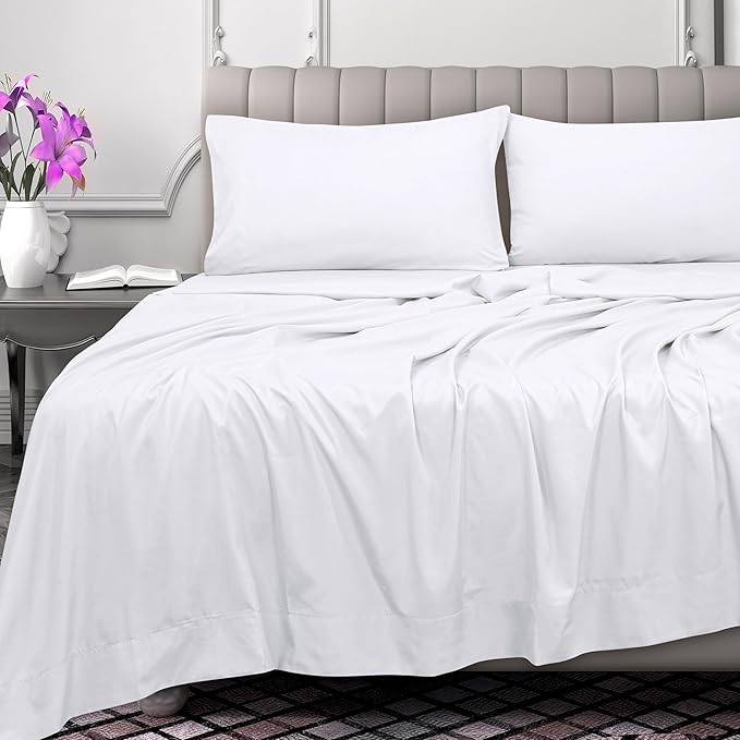 Royale Linens 300 Thread Count 100% Long Staple Combed Cotton Flat Sheet - Super Soft - Top Sheets - Full Flat Sheet Sold Separately - Breathable, Cool & Crisp Percale Sheets Only (Full, White)