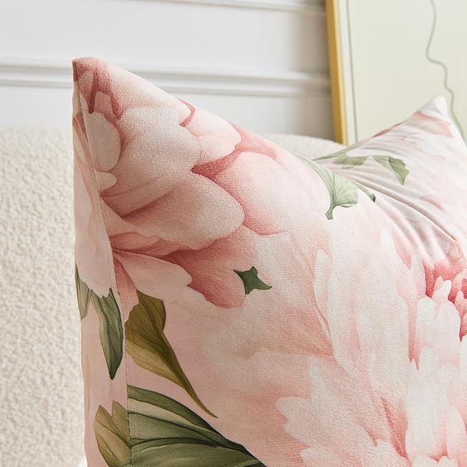 Pink Floral Throw Pillow Covers 20x20 Set of 2, Decorative Peony Flower Cushion Cases, Soft Plush Pillow Covers for Farmhouse Sofa Couch Bed Home Decor