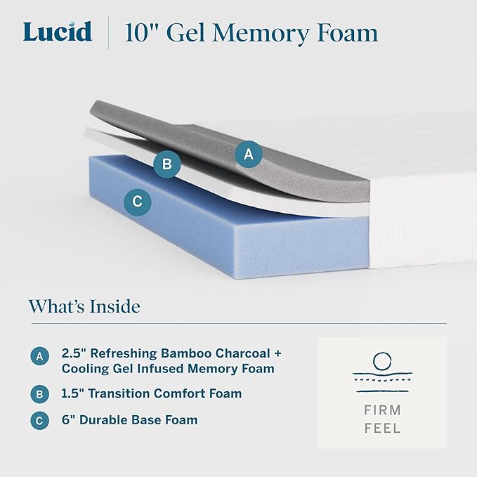 Lucid 10 Inch Memory Foam Mattress - Firm Feel - Infused with Refreshing Bamboo Charcoal and Cooling Gel - Bed in a Box - Temperature Regulating - Pressure Relief - Breathable - Twin XL Size