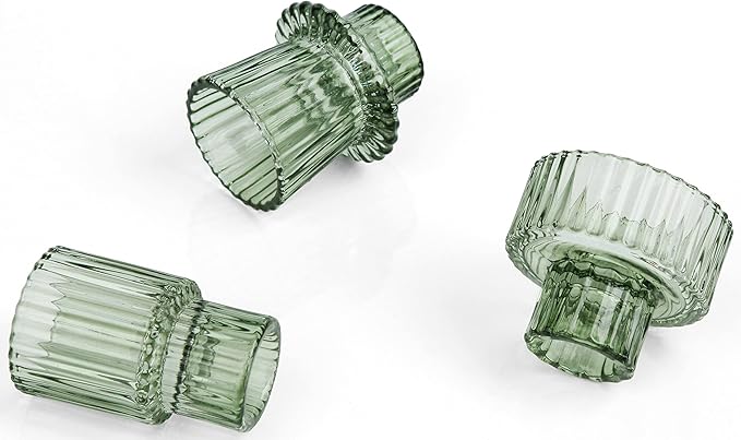 Vixdonos Taper Glass Candlestick Holders Tealight Candle Holders for Table Centerpieces, Wedding Decor and Dinner Party (3 Pcs, Green)