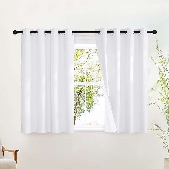 NICETOWN Cafe Curtains 100% Blackout Window Treatments, Grommet Thermal Drapes Heat Blocking Sound Reducing Curtains for Bathroom/Bedroom, White, W52 x L45, 2 Panels
