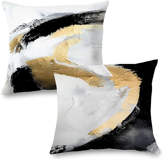 Abstract Black White and Gold Pillow Covers 22x22 Set of 2 - Modern Pillow Covers, Modern Home Decor, Black and Gold Decorative Pillows Cover for Couch Living Room Bedroom