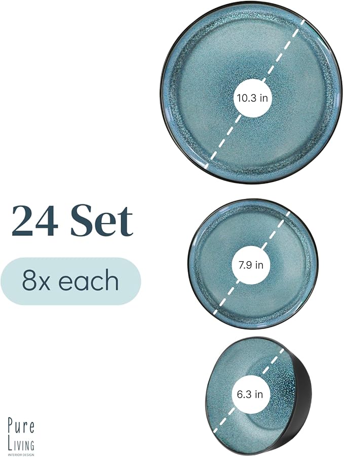 24 Piece Dinnerware Sets for 8 - Modern Style Stoneware Dinnerware Set - Scratch Resistant, Dishwasher Safe Plates and Bowls Sets Ceramic, Dish Set, Bowl and Plate Set - Black and Petrol Blue…