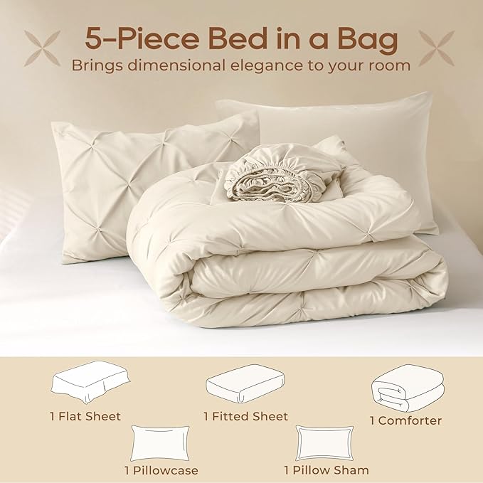 Sasttie Twin Comforter Set, 5-Piece Bed in a Bag, Pintuck Bedding Sets for All Season, Includes Comforter, Flat Sheet, Fitted Sheet, Pillowcase and Pillowsham, Beige