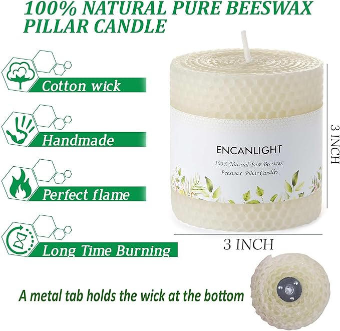 Beeswax Pillar Candles, 3x3 Inch White Hand-Rolled Honeycomb Pillar Candle Set of 2 - Dripless and Smokeless, Approx 9 Hours Hurn for Home Decor, Party, Wedding, Dinner