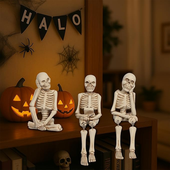 3 Pieces Halloween Skeleton Statue Realistic Halloween Skull Figurine Home Decor Funny Sitting Skeleton Collectible Figurines Decoration for Indoor Living Room Office Table Shelf Bookshelf