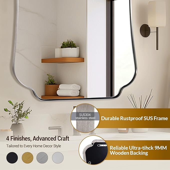 ANDY STAR 24"x36" Brushed Nickel Mirror, Scalloped Bathroom Wall Mirror with Metal Frame for Vanity, Vintage Design Ideal for Entryway, Living Room & Bedroom Decor