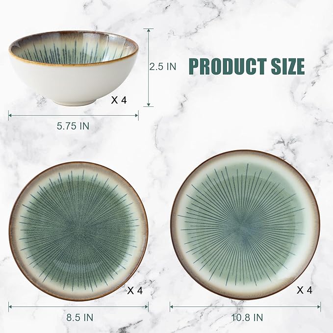 Dinnerware Set Green 12 Pieces Service for 4, Stoneware Plates and Bowls Set Stoneware Set, Dishwasher Microwave Safe Dishes set