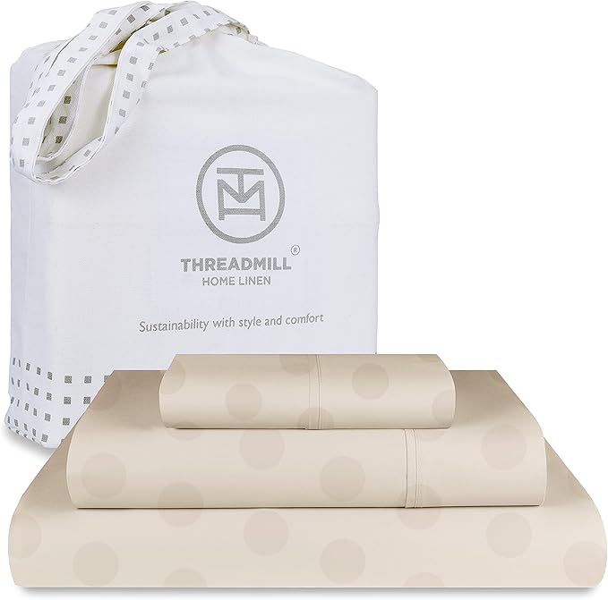 Threadmill Cotton Twin Sheet Set | 100% Cotton Sheets for Twin Size Bed | Damask Jacquard Sateen Twin Bed Sheets Set with 16” Deep Pocket | Soft Breathable 3-Piece Cooling Sheet Set | Beige