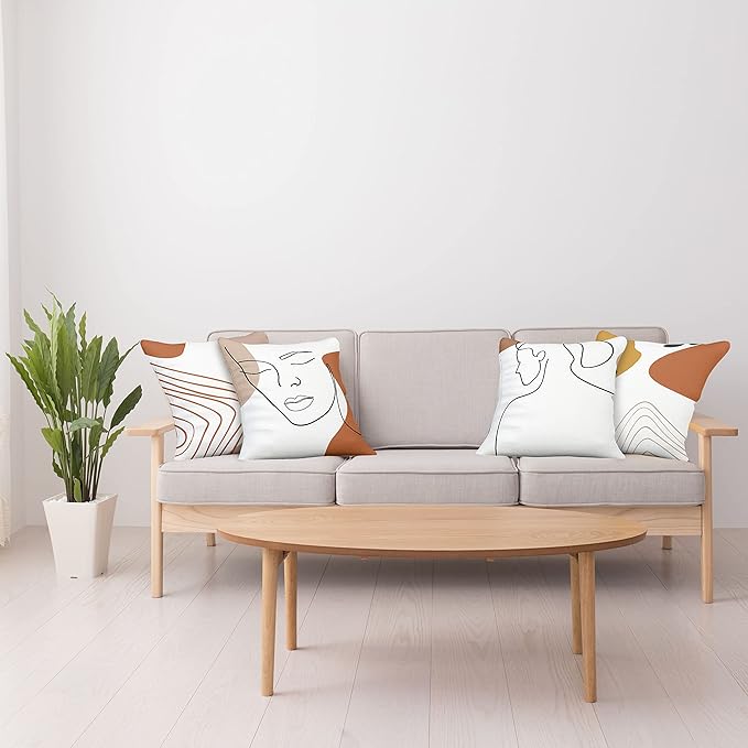 Ambesonne Minimal Throw Pillow Cushion Case Pack of 4, Modern Line Art Woman Portrait with Contemporary Leafy Geometric Details, Modern Accent Double-Sided Digital Printing, 24", Rust Tan and Mustard