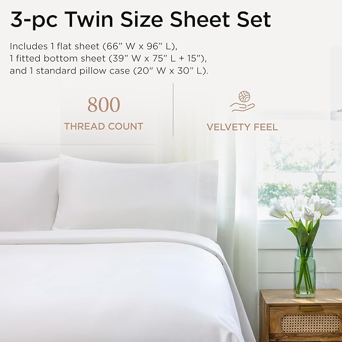 Threadmill Luxury 800 Thread Count Twin 100% Cotton Sheets - Hotel White Sateen Weave Bed-Sheets, Better Than Egyptian Cotton,3 Pc Solid Soft Bedding Set, Fits 15" Deep Pocket